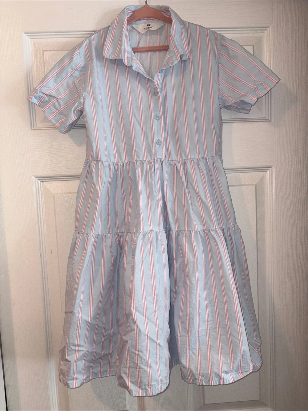 H&M Light Blue & Pink Striped Tiered Shirt Dress